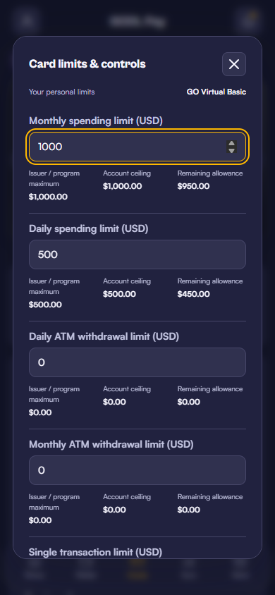 Actual GODL Pay card settings interface showing card controls