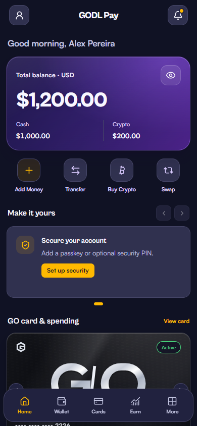 GODL Pay Home screen with a total balance, transfer actions, and card controls