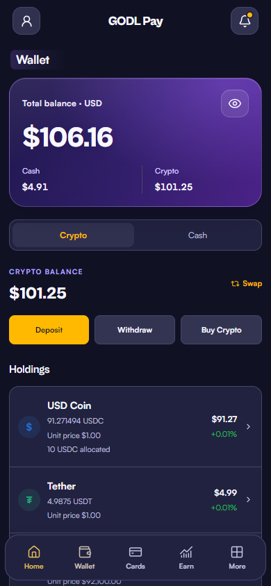 Actual GODL Pay crypto wallet with digital asset balances